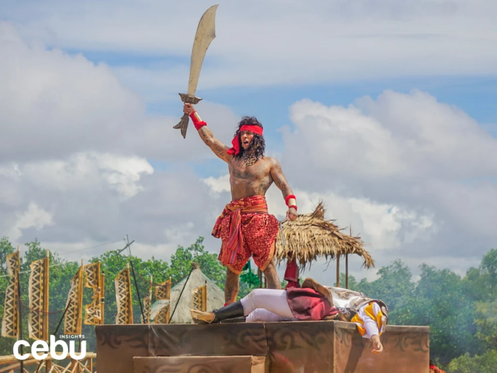 A man playing Lapulapu reenacting the battle at the Mactan Shrine
