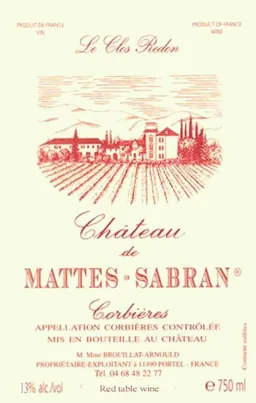 Chateau de Mattes Sabran Corbieres Le Clos Redon