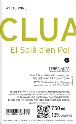 Celler Xavier Clua Terra Alta El Sola d'en Pol Blanco