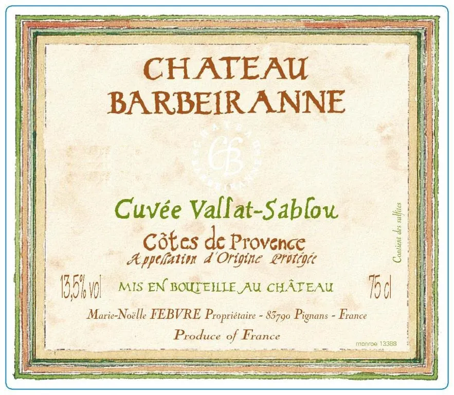 Cotes de Provence Cuvee Vallat-Sablou Blanc Bottle