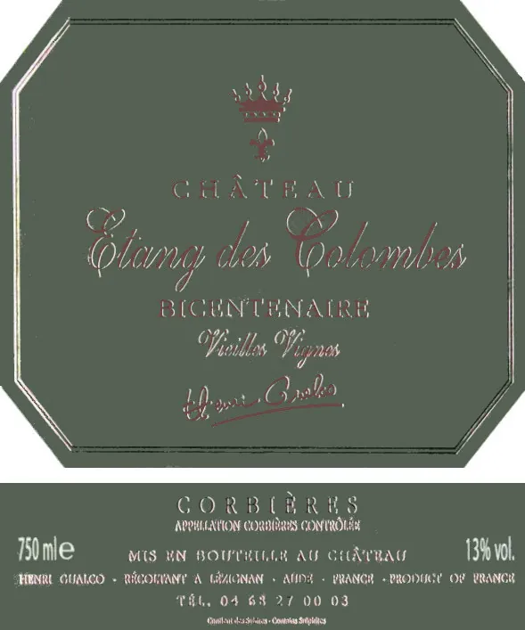 Etang des Colombes Corbieres Bicentenaire Vieilles Vignes Bottle