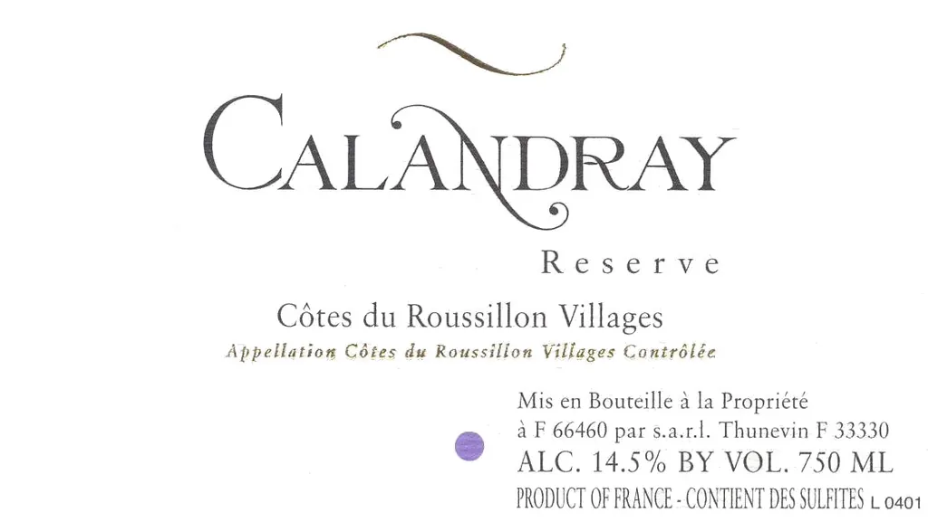 Cotes du Roussillon Villages Calandray Reserve Bottle