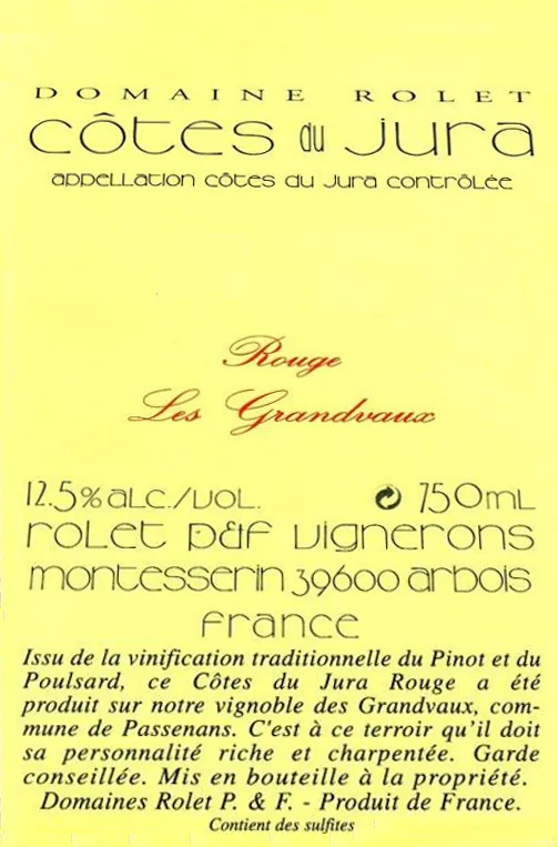 Cotes du Jura Les Grandvaux Rouge Bottle