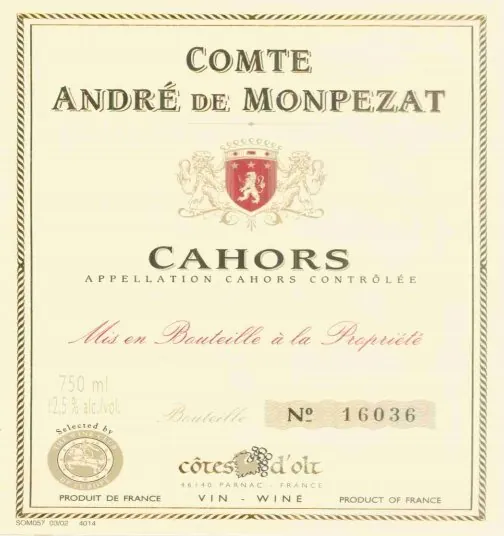 Cahors Les Cotes d'Olt Comte Andre de Monpezat Bottle