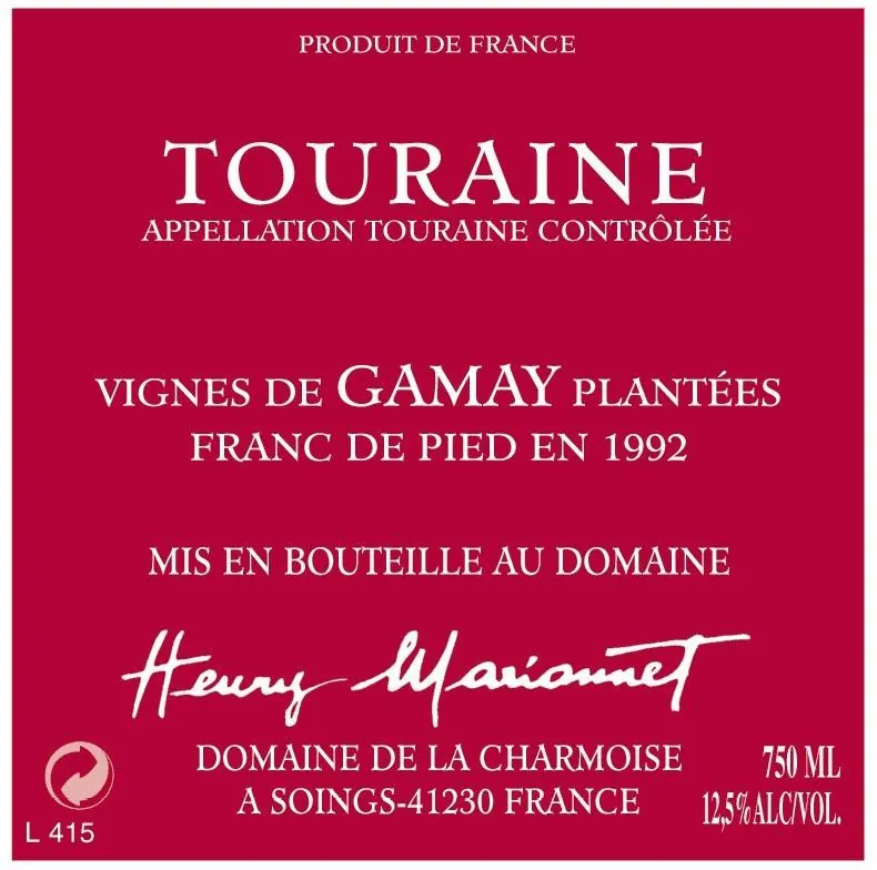 Touraine Vinifera Gamay Bottle
