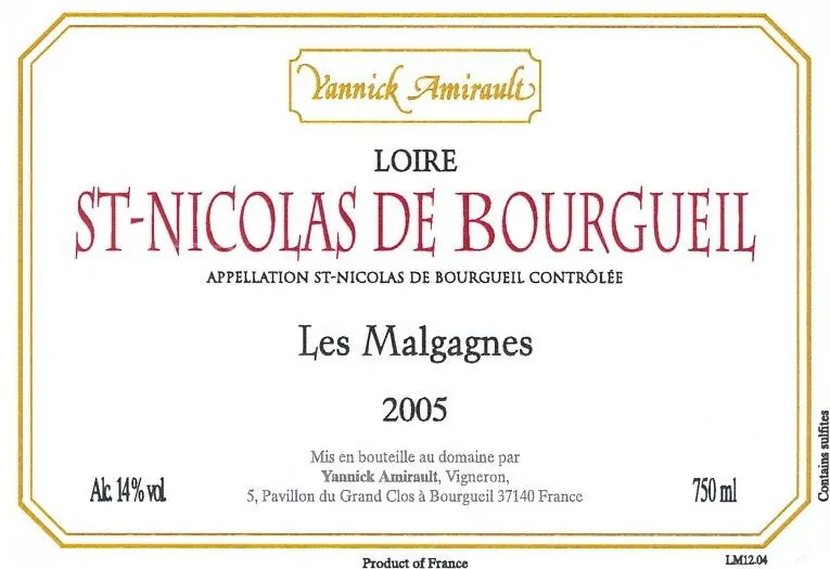 Yannick Amirault Saint Nicolas de Bourgueil Les Malgagnes Bottle