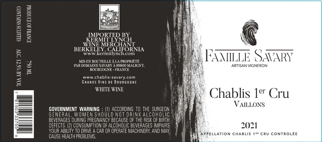 Famille Savary Chablis Vaillons Premier Cru Bottle