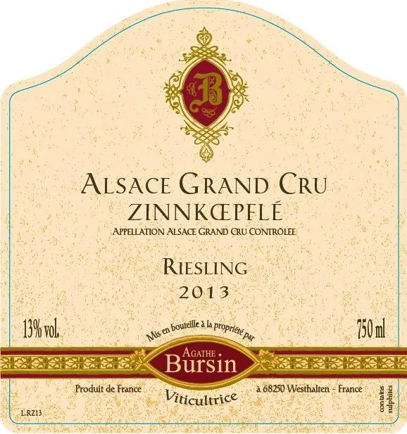 Alsace Zinnkoepfle Grand Cru Riesling Bottle