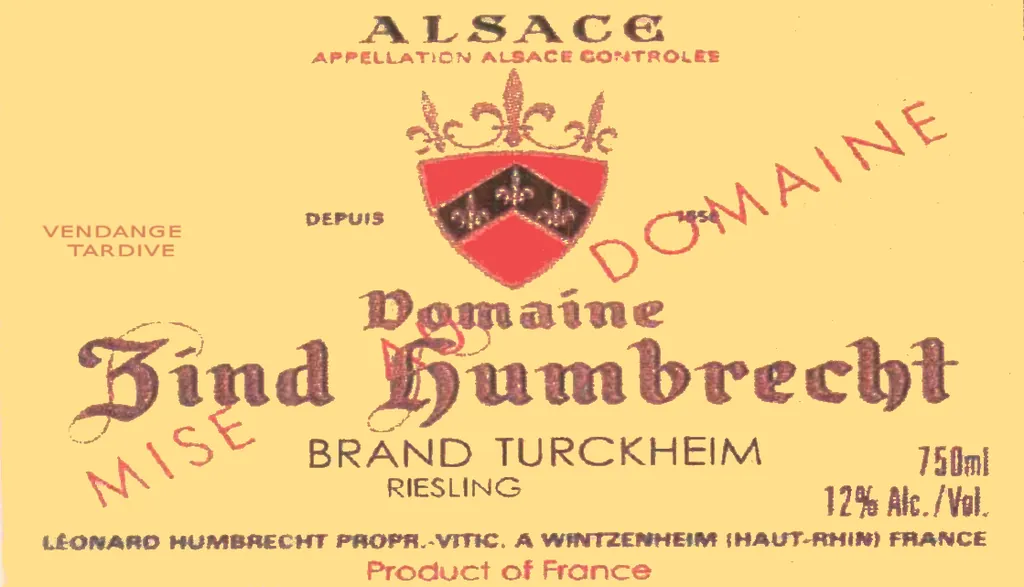 Brand Vendange Tardive Riesling Bottle