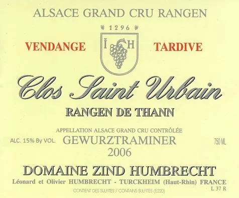 Clos Saint Urbain Rangen de Thann Grand Cru Vendange Tardive Gewurztraminer Bottle