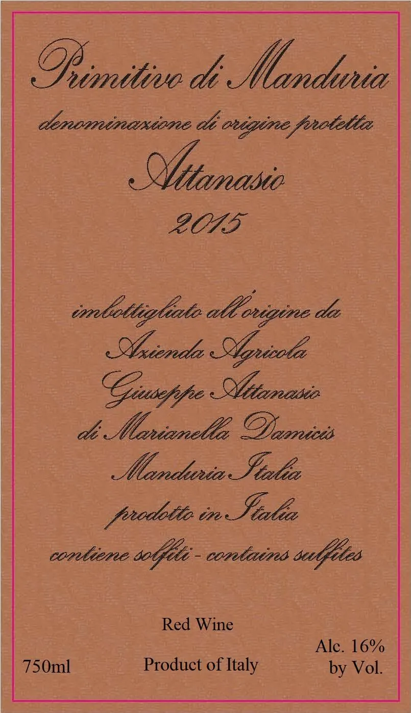 Attanasio Primitivo di Manduria Bottle