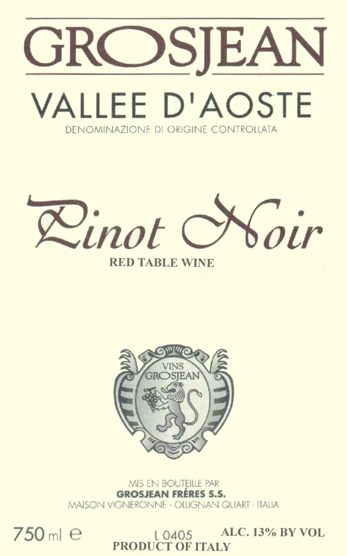 Vallee d'Aoste Pinot Noir Bottle