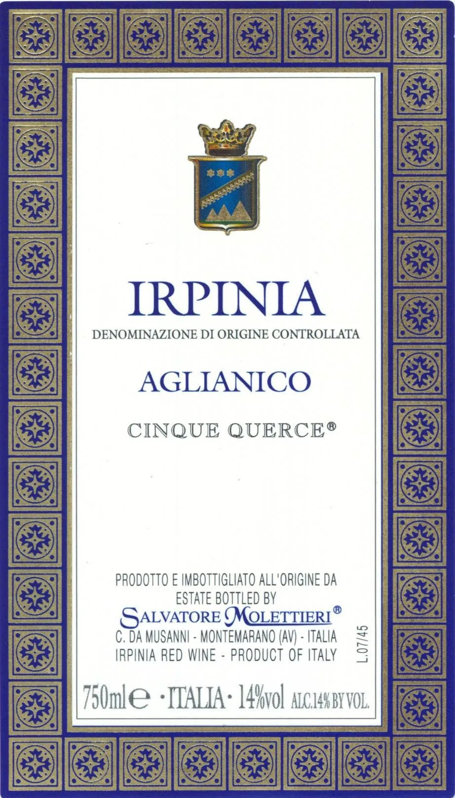 Irpinia Cinque Querce Aglianico Bottle