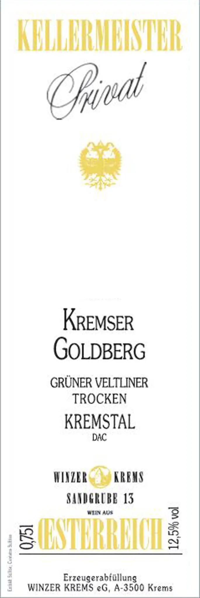 Kremser Goldberg Kellermeister Privat Gruner Veltliner Trocken Bottle