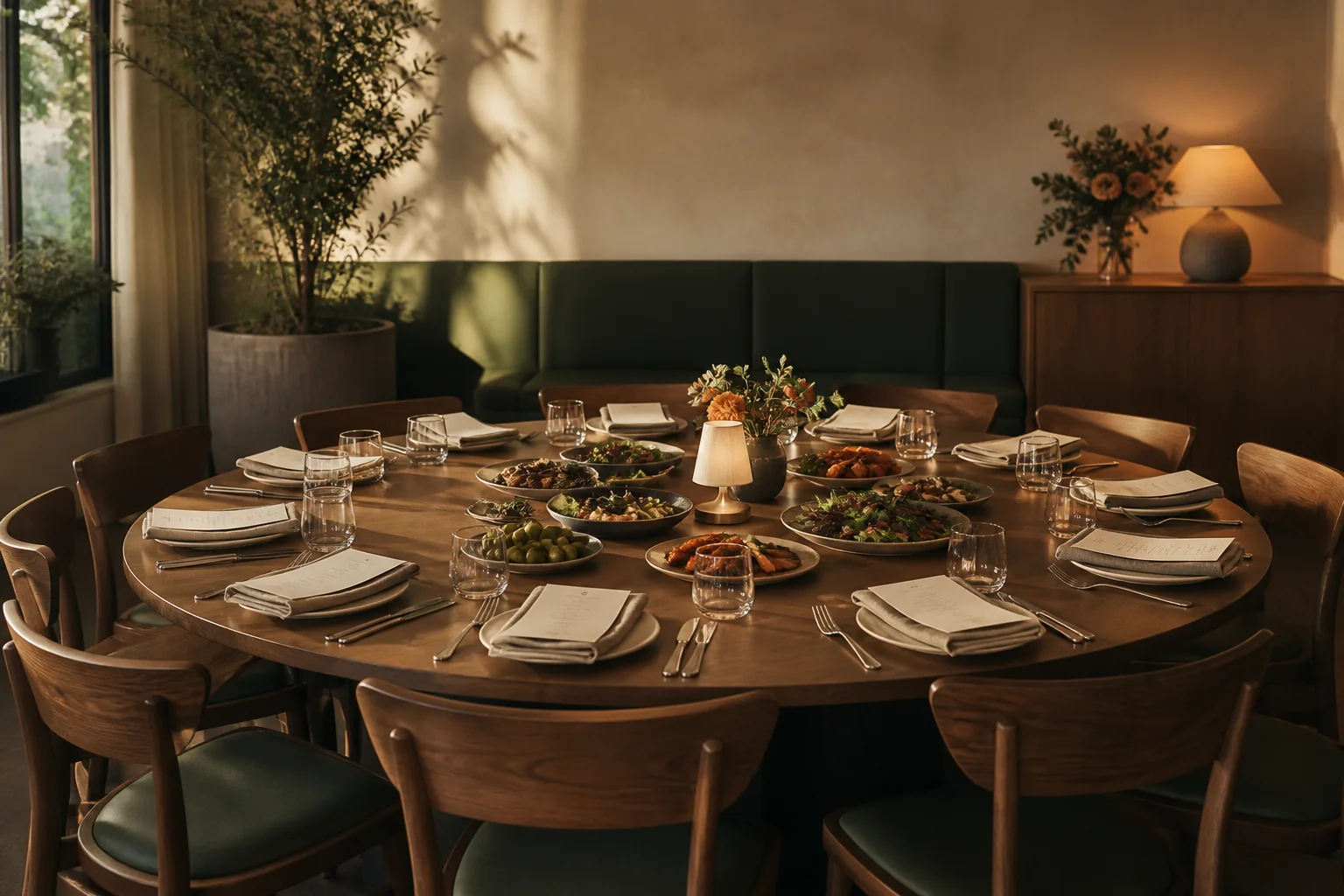 A warmly lit round restaurant table prepared for a group dinner