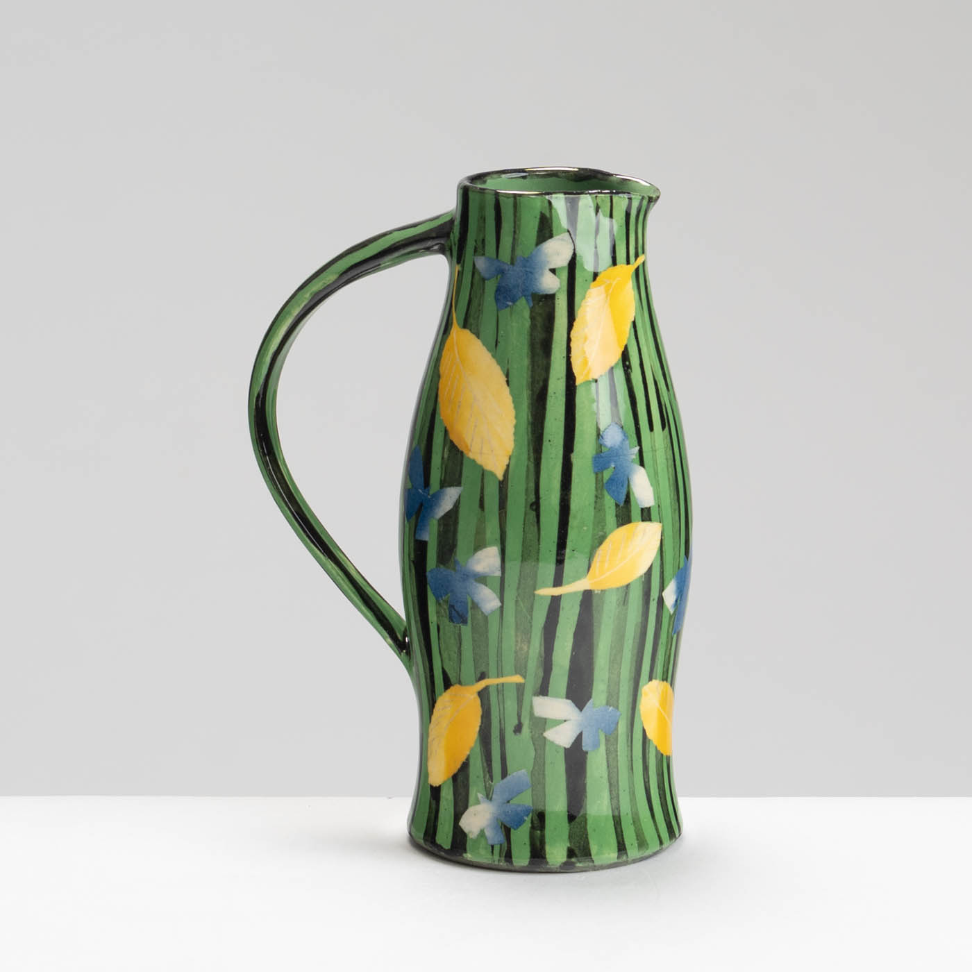 SM242Y1054 Jug - Green stripes, yellow leaves, blue butterflies