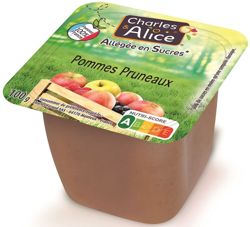 Compote de pommes et pruneaux allégé en sucres - CHARLES ET ALICE - Carton de 120 coupelles