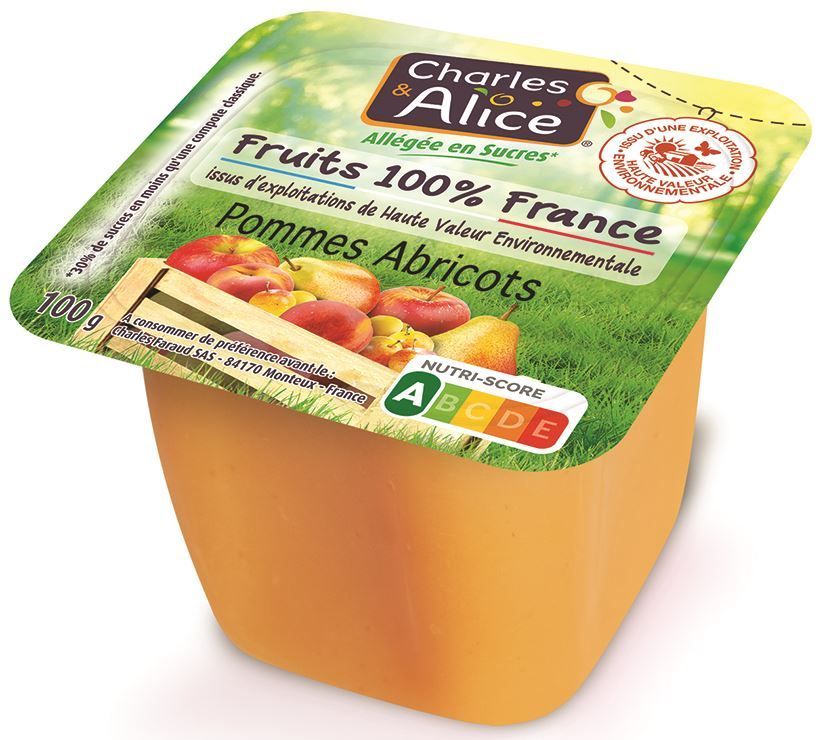 Spécialité de pommes et abricots allégé en sucres HVE - CHARLES ET ALICE - Carton de 120 coupelles