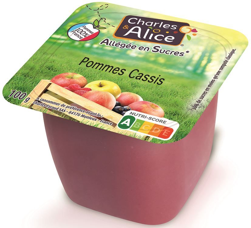 Spécialité de pommes et cassis allégé en sucres - CHARLES ET ALICE - Carton de 120 coupelles