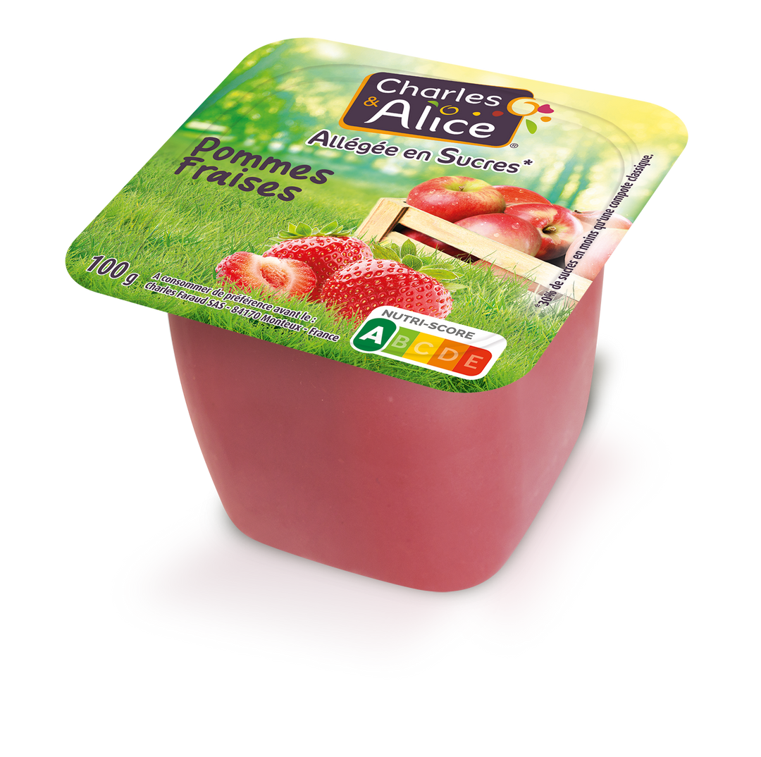 Spécialité de pommes et fraises allégé en sucres - CHARLES ET ALICE - Carton de 120 coupelles