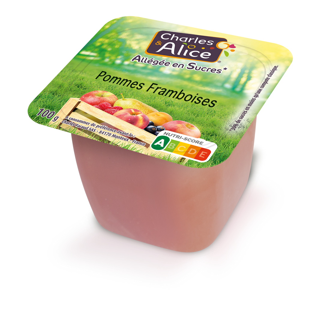 Spécialité de pommes et framboises allégé en sucres - CHARLES ET ALICE - Carton de 120 coupelles