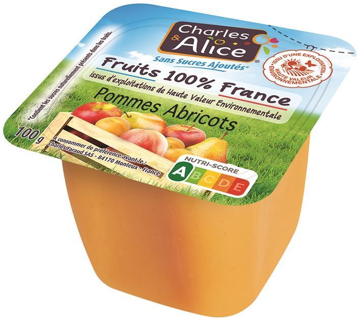 Spécialité de pommes et d'abricots sans sucres ajoutés HVE - CHARLES ET ALICE - Carton de 120 coupelles