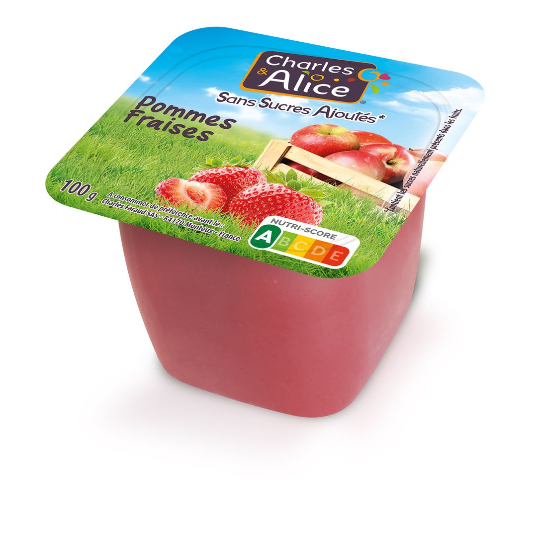 Spécialité de pommes et fraises sans sucres ajoutés - CHARLES ET ALICE - Carton de 120 coupelles