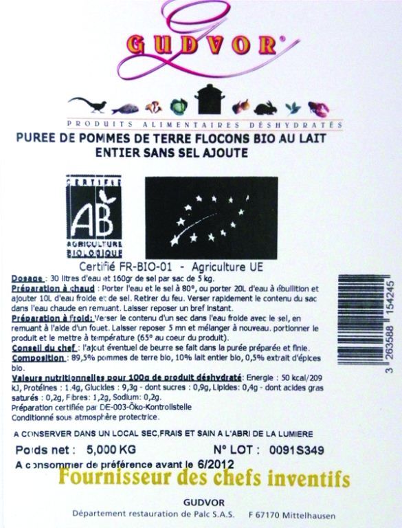 Purée de pommes de terre en flocons Bio - GUDVOR - Carton de 5kg