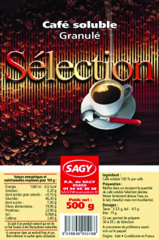 Café soluble 100% robusta Sélection - SAGY - Paquet de 500 g