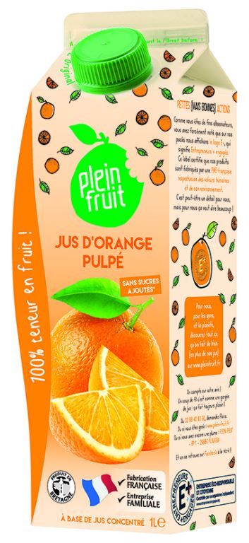 Jus d'orange pulpé sans sucres ajoutés - PLEIN FRUIT - Carton de 6 briques