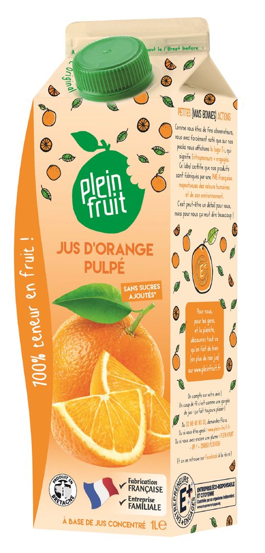 Jus d'orange pulpé sans sucres ajoutés - PLEIN FRUIT - Carton de 6 briques