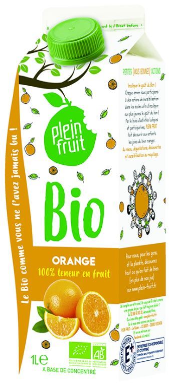 Jus d'orange à base de concentré Bio - PLEIN FRUIT - Carton de 6 briques