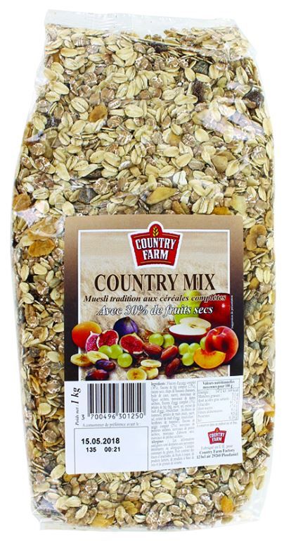 Muesli aux céréales complètes et aux fruits Country Mix - COUNTRY FARM - Sachet de 1 kg