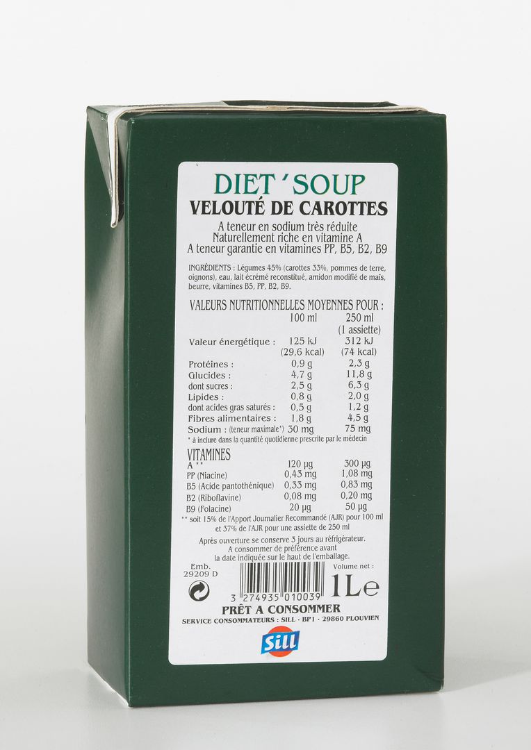 Velouté de carottes pauvre en sel - SILL - Carton de 6 briques