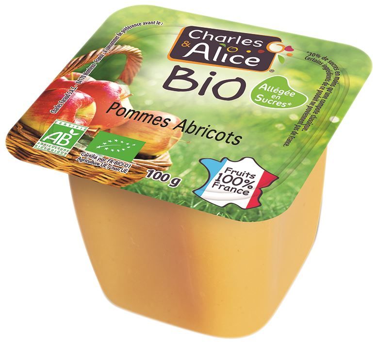 Compote de pommes et abricots allégé en sucres Bio - CHARLES ET ALICE - Carton de 120 coupelles