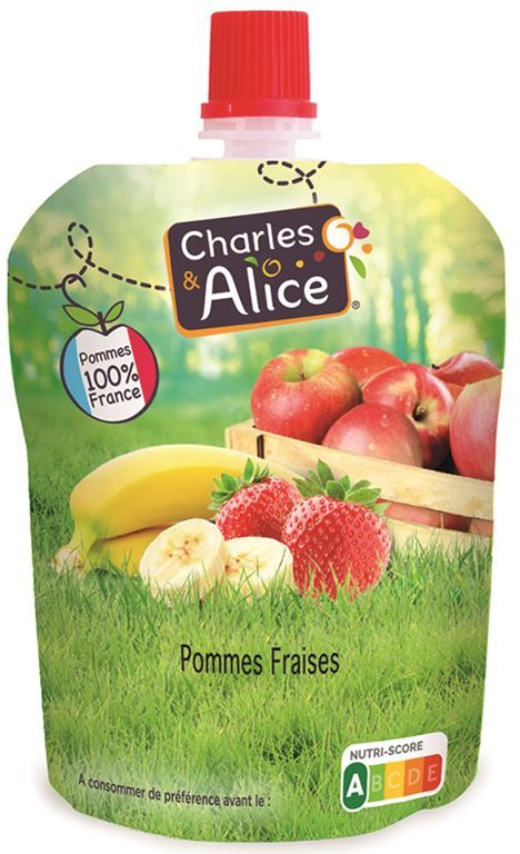 Spécialité de pommes et fraises allégé en sucres - CHARLES ET ALICE - Carton de 72 gourdes