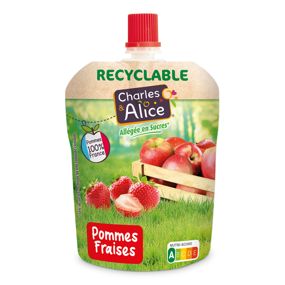 Spécialité de pommes et fraises allégé en sucres - CHARLES ET ALICE - Carton de 72 gourdes