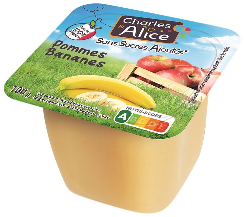 Purée de pommes et bananes sans sucres ajoutés - CHARLES ET ALICE - Carton de 120 coupelles