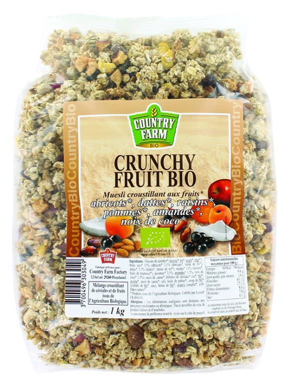 Muesli croustillant aux fruits crunchy fruit Bio - COUNTRY FARM - Sachet de 1 kg