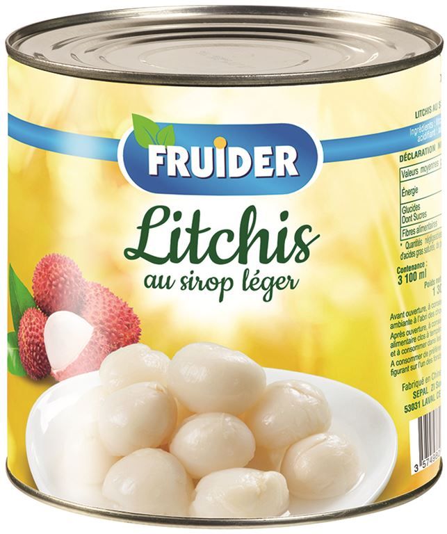 Litchis dénoyautés au sirop léger - FRUIDER - Boite 3/1