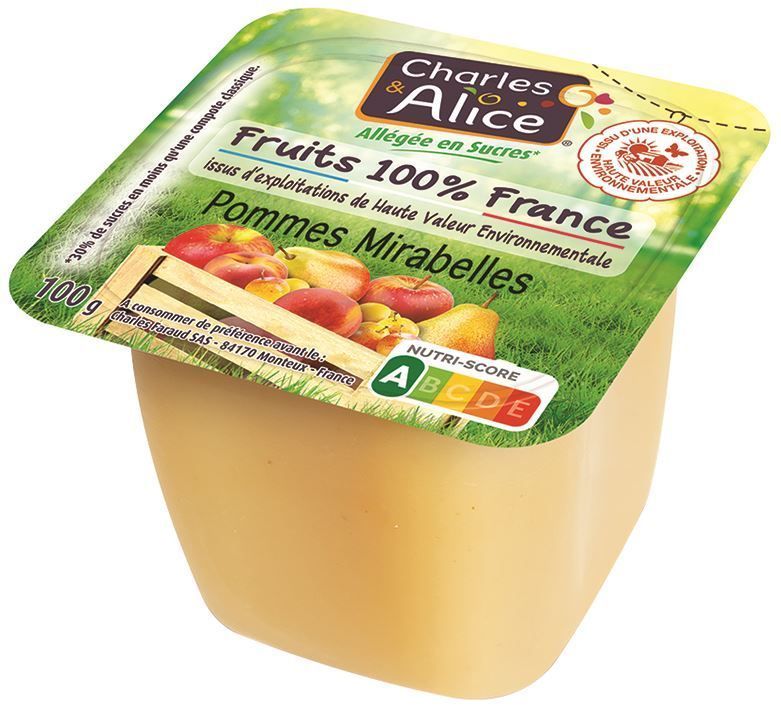 Spécialité de pommes et mirabelles allégé en sucres HVE - CHARLES ET ALICE - Carton de 120 coupelles