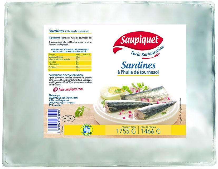 Sardines à l'huile végétale - FURIC - La poche de 1,466 kg