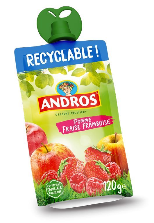 Compote de pommes, fraises et framboises - ANDROS - Carton de 20 gourdes