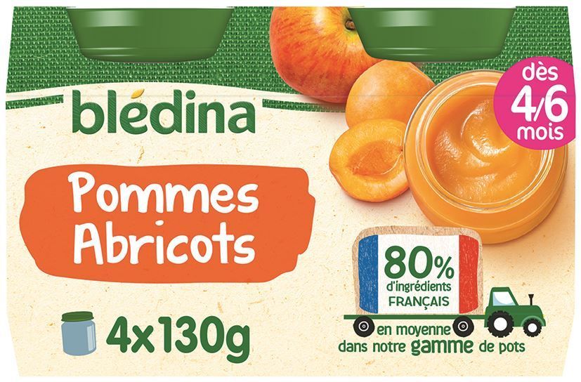 Purée de pommes et d'abricots dès 4 mois - BLEDINA - Carton de 24 pots