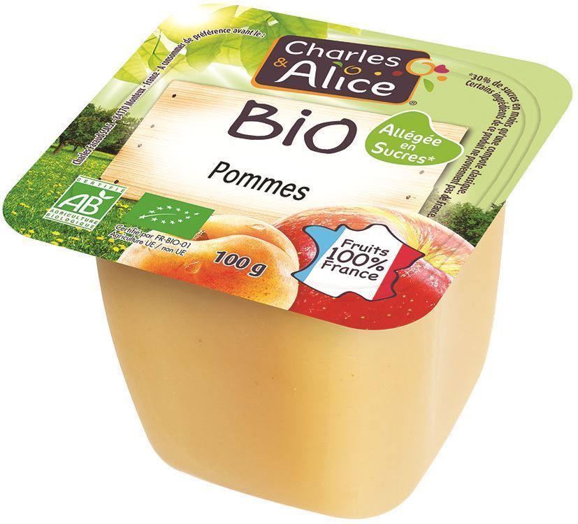Compote de pommes allégé en sucres Bio - CHARLES ET ALICE - Carton de 120 coupelles
