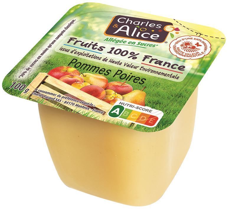 Compote de pommes et poires allégé en sucres HVE - CHARLES ET ALICE - Carton de 120 coupelles
