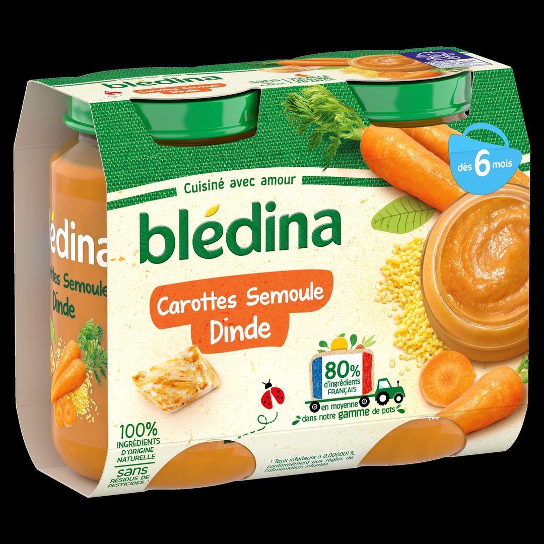 Purée de carottes, semoule et dinde dès 6 mois - BLEDINA - Carton de 12 pots