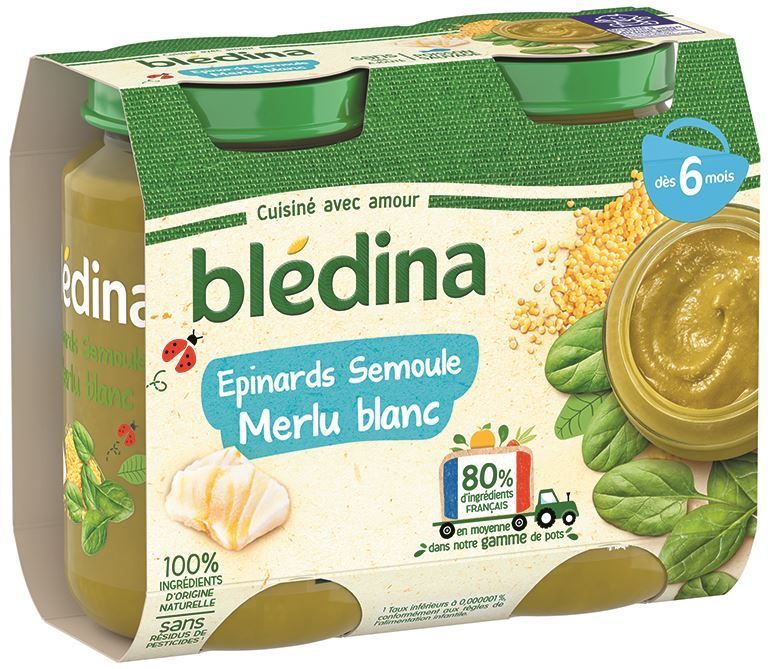 Purée d'épinards, semoule et merlu dès 6 mois - BLEDINA - Carton de 12 pots