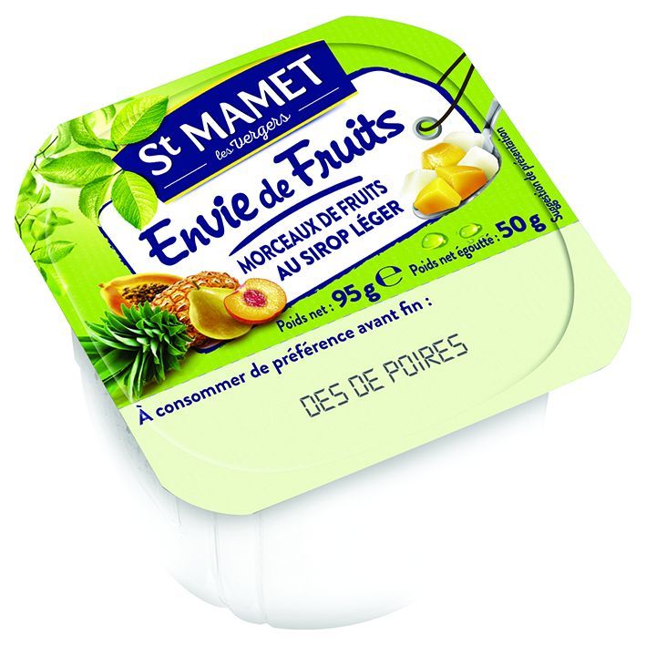 Poires en morceaux au sirop léger Envie de fruits - ST MAMET - Carton de 120 coupelles