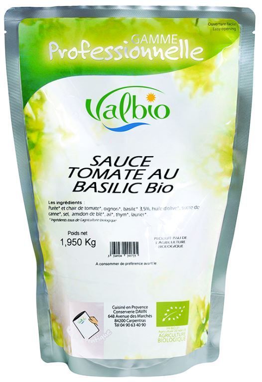 Sauce tomate au basilic Bio - VALBIO - Carton de 3 poches